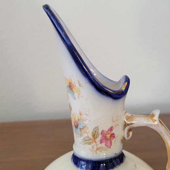 Antique Floral Porcelain Pitcher Vase | Jersey Pottery England | Gilt Handle - Picture 5 of 12